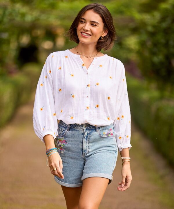 Spring Florals Embroidered Denim Shorts