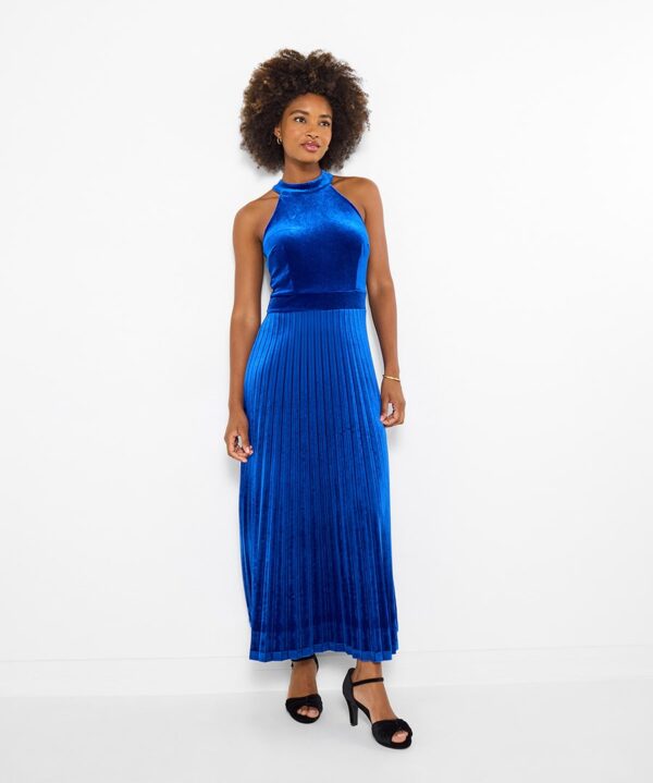 Hallie Blue Velvet Halter Neck Maxi Dress