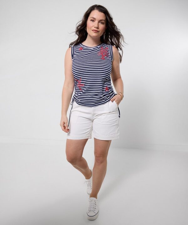 Ocean Vibes Embroidered Ruched Side Stripe Top