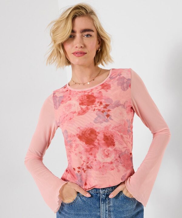 Radiant Rose Long Sleeve Mesh Top