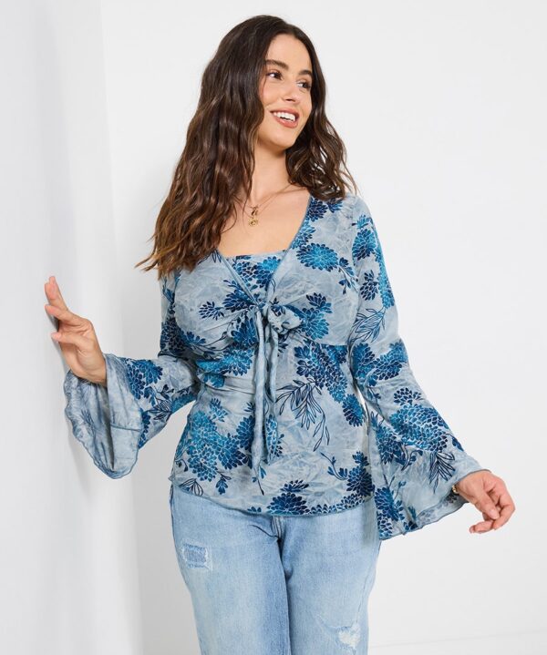 Beach Boutique Tie Front Flocked Top